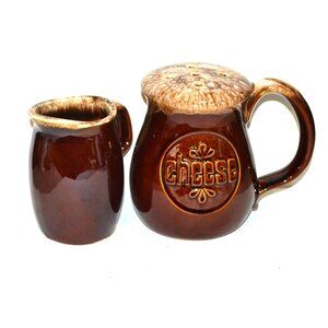 Two Pieces Of Vintage Hull Pottery Brown White Cheese Shaker Creamer